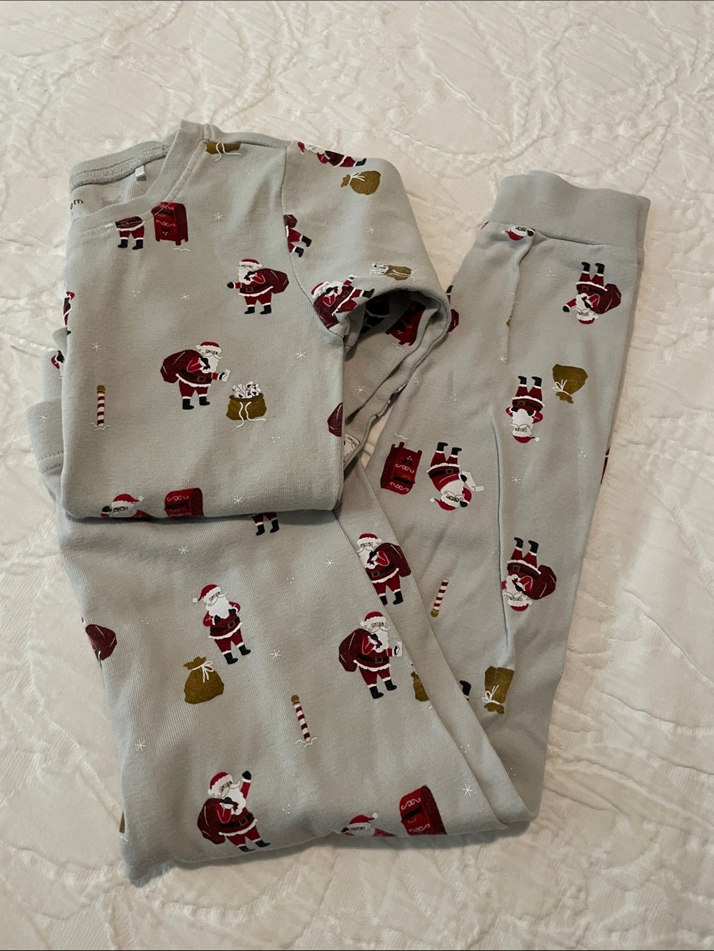 Petit Lem Light Gray Santa Print Pajama Set with Red and Gold Accents